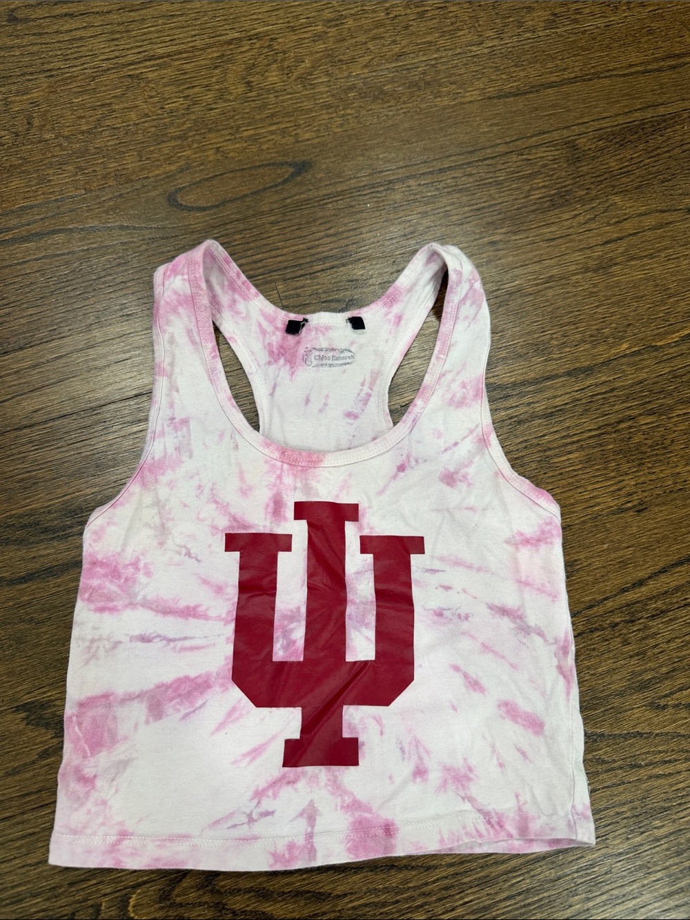 Trendy boutique White and Pink Tie-Dye Racerback Tank with Red IU Logo